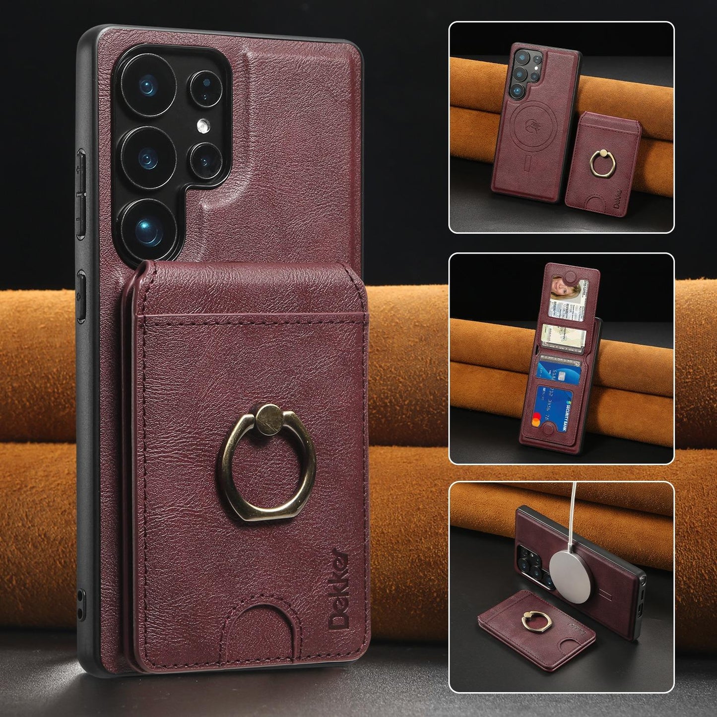 For Samsung S25 S24 S23 A16 A15 A36 A35 A56 A55 A53 Leather Phone Case with Strong Magnetic Wallet Ring Stand, Anti-Fall Card Bag Kickstand for Magsafe Shockproof Business Hard Full Cover