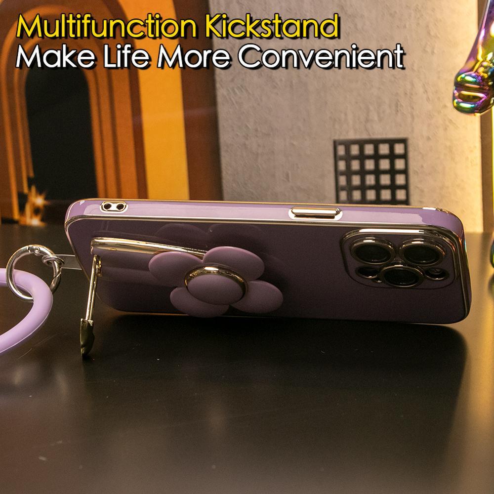 For iPhone 16 15 14 13 12 Pro Max Phone Case, Windmill Kickstand with Bracelet, Plating Electroplate Luxury Elegant Case Camera Protector Pop Stand Shockproof Soft Cover