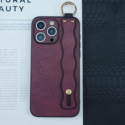 For iPhone 16ProMax 16 15 14 13 12 Case With Wave Wristband, Luxury Durable Faux Leather Kickstand Shockproof Phone Case