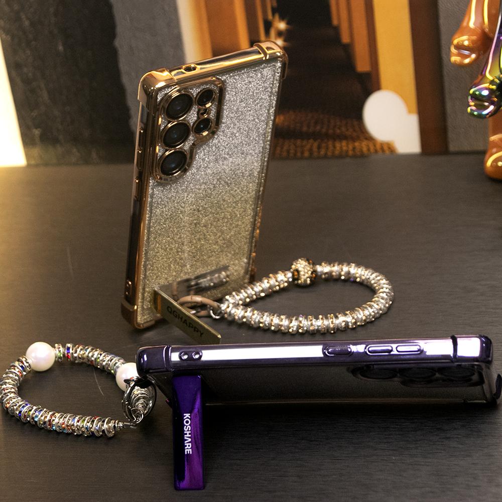 Gradient Plating Four Corners Thin Kickstand Case with Pearl Diamond Wristband for Samsung S25Ultra S25 S24 S23 S22 S21 Note20 A53 A54 A55 Hard Acrylic Bumper Full Cover