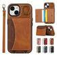 For iPhone 16ProMax 16 15 14 13 12 Leather Phone Case with Double Folding Wallet Wristband, Anti-Fall Card Slot Kickstand Shockproof Business Hard Full Cover