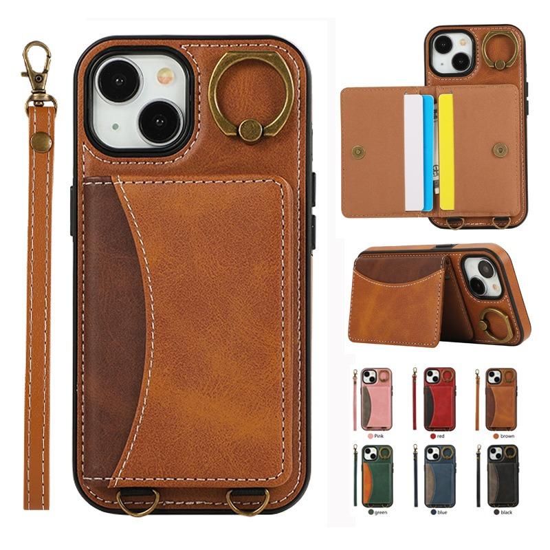 For iPhone 16ProMax 16 15 14 13 12 Leather Phone Case with Double Folding Wallet Wristband, Anti-Fall Card Slot Kickstand Shockproof Business Hard Full Cover