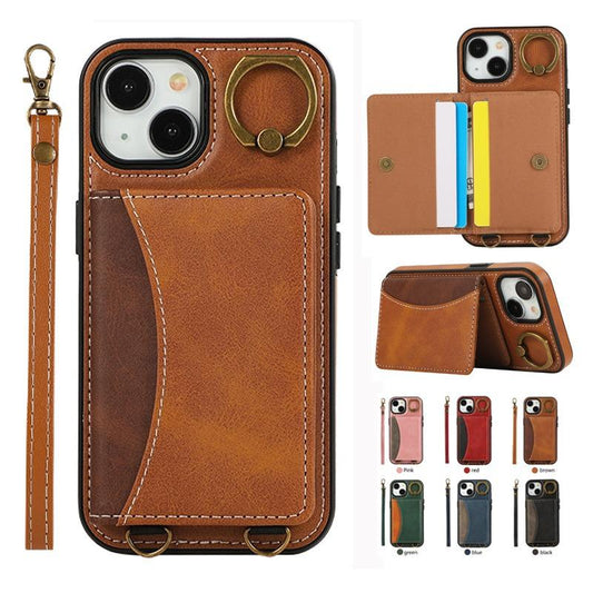 For iPhone 16ProMax 16 15 14 13 12 Leather Phone Case with Double Folding Wallet Wristband, Anti-Fall Card Slot Kickstand Shockproof Business Hard Full Cover