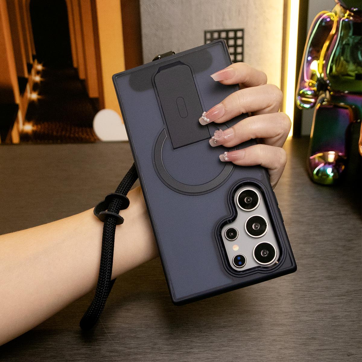 Matte Clear Portable Kickstand Magnetic Phone Case With Multifunctional Wristband For Samsung S25Ultra S25Plus S24FE S24Ultra S25 S24 S23 Skin Feel Shockproof Camera Metal Frame
