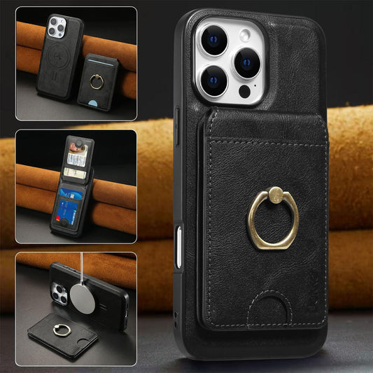 For iPhone 16ProMax 16 15 14 13 12 Leather Phone Case with Strong Magnetic Wallet Ring Stand, Anti-Fall Card Bag Kickstand for Magsafe Shockproof Business Hard Full Cover