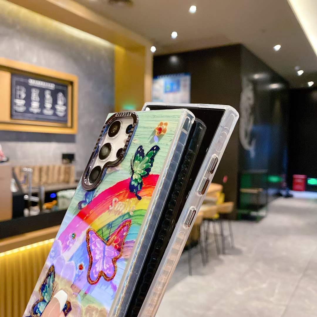 For Samsung S25 S24 S23 S22 A34 A35 A53 A54 A55 Note20Ultra Phone Case, Luxury Elegant Colorful Rainbow Butterfly Flower Oil Painting Metal Camera Frame Anti-drop Hard Shockproof Full Cover