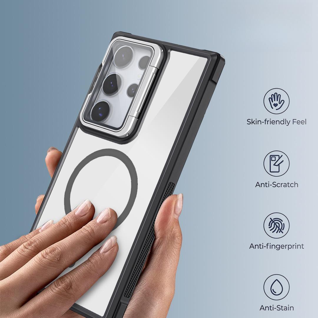 For Samsung S25Ultra S25 S24 S23 S21FE S20FE Strong Magnetic Phone Case, Glass Camera Kickstand Protection, HD Acrylic Four Corner Shockproof Bumper Hand Feel Hard Full Cover