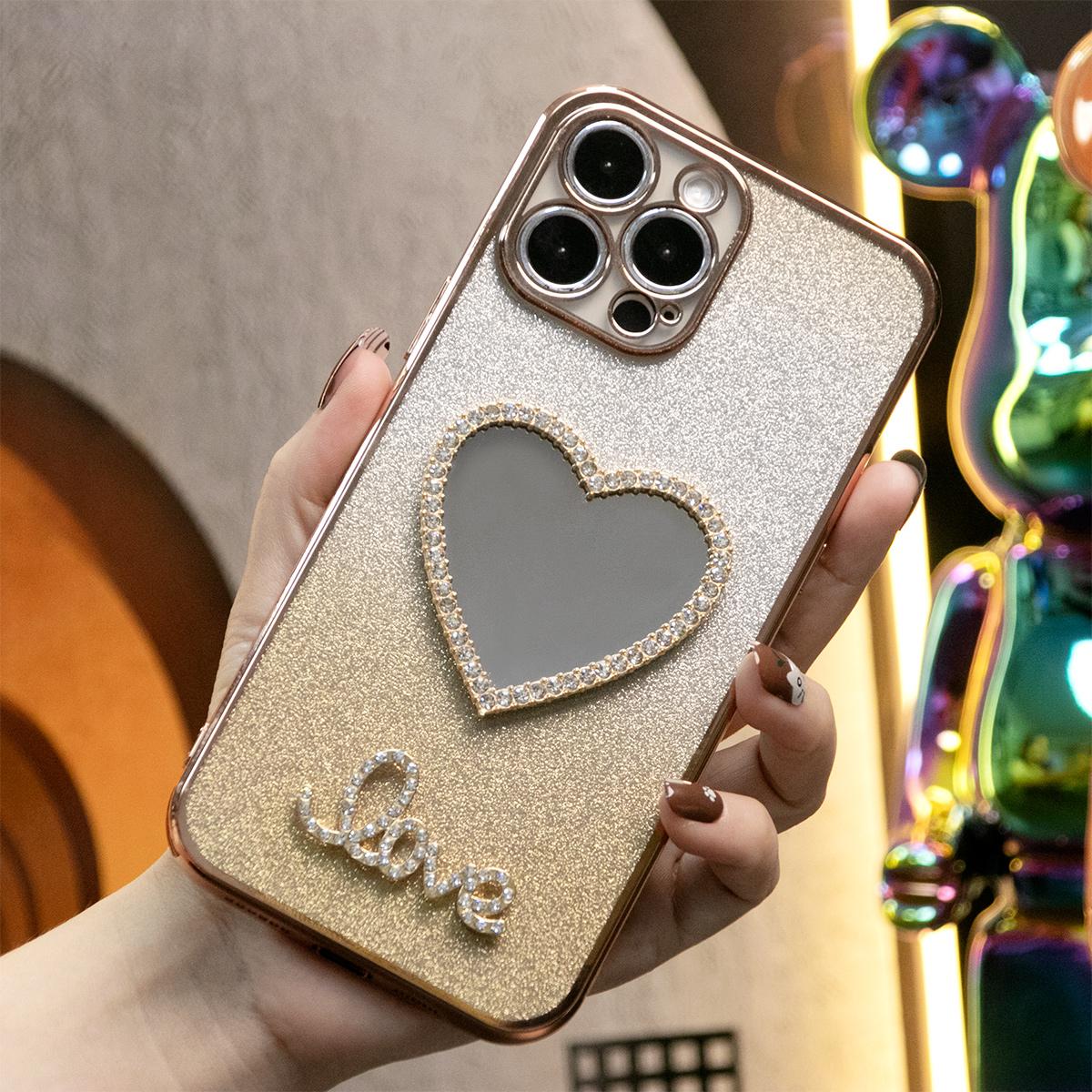 Glitter Transparent Gradient Love Heart Mirror Phone Case For iPhone 16 15 14 13 12 11 XR XSMax X/XS Clear Soft TPU Back Cover