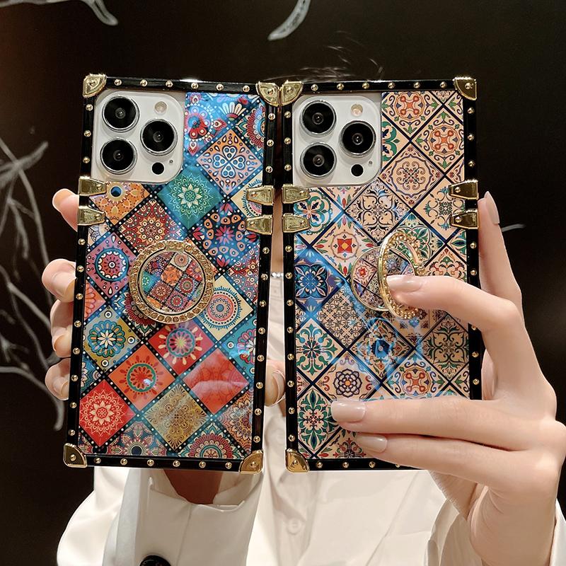 Luxury Glitter Vintage Flower Case for iPhone 16ProMax 16 15 14 13 12 11 Plus Pro Max Fashion Geometric Square Case Back Cover