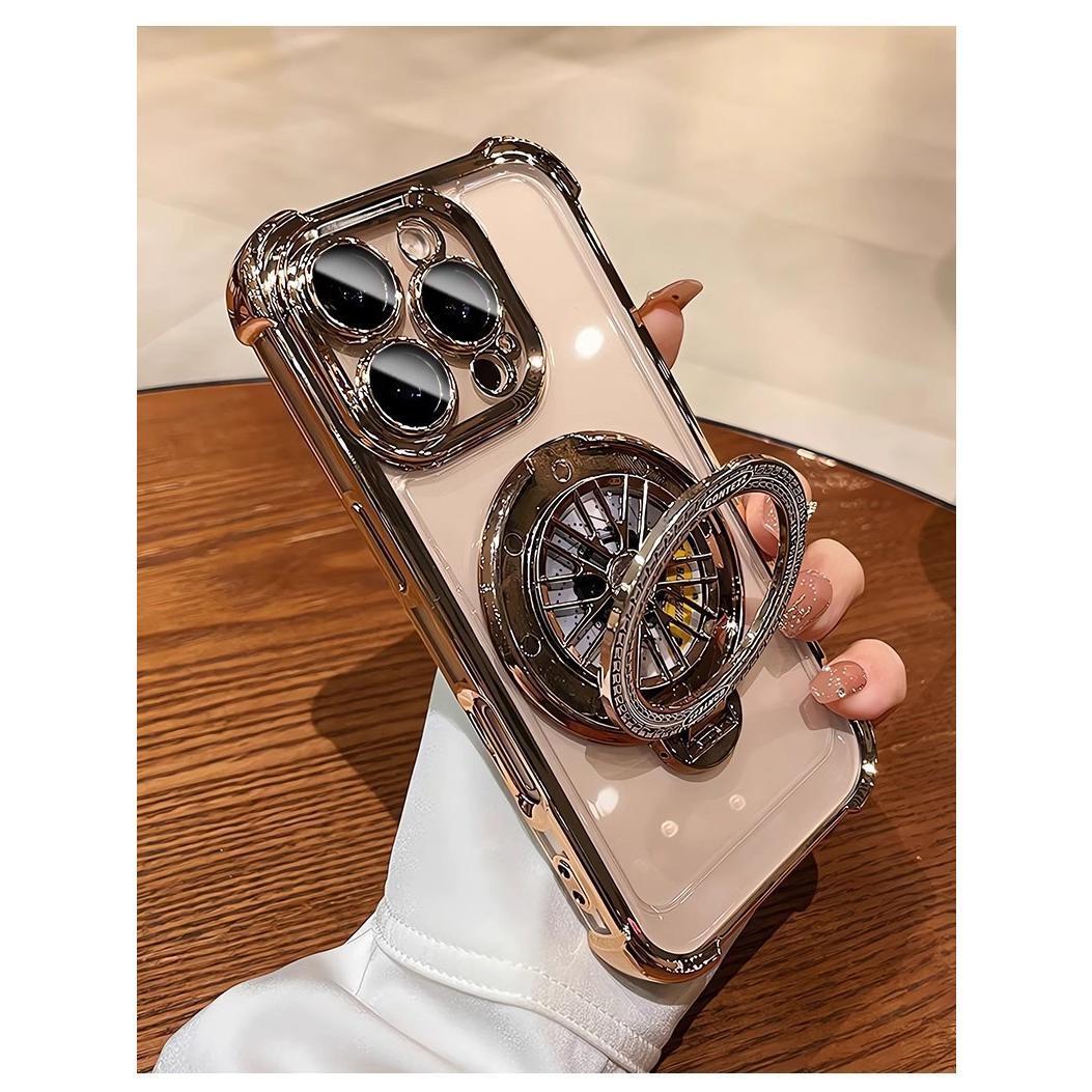 Glitter Plating Acrylic with Len Protector Phone Case with Metal Magnetic Gyro Rotating Kickstand For iPhone 16ProMax 15 14 13 12 Four Corner Shockproof Hard Full Cover