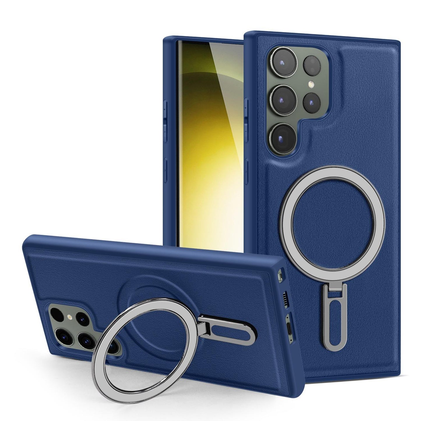 Luxury Full Leather Glossy Kickstand Phone Case For Magsafe For Samsung S25Ultra S25+ S25 S24FE S24 Ultra S23 S22 Ultra Plus Metal Ring Magnetic Metal Holder Shockproof Stand Back Cover