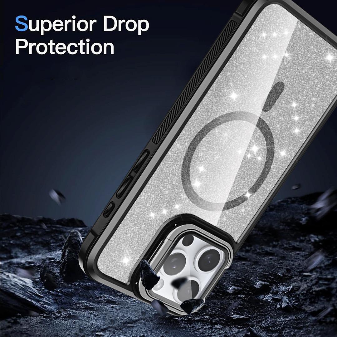 For iPhone 16ProMax 16 15 14 13 12 11 Strong Magnetic Phone Case, Glass Camera Kickstand Protection, Glitter Clear Acrylic Four Corner Shockproof Bumper Hand Feel Hard Full Cover