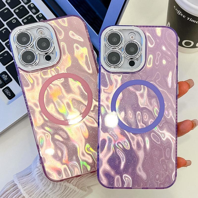 For iPhone 16ProMax 16 15 14 13 Phone Case, Electroplating Magnetic Laser Flow Silk Pattern Acrylic Slim With Glitter Len Protector, Protection Non-Yellowing Hard Cover