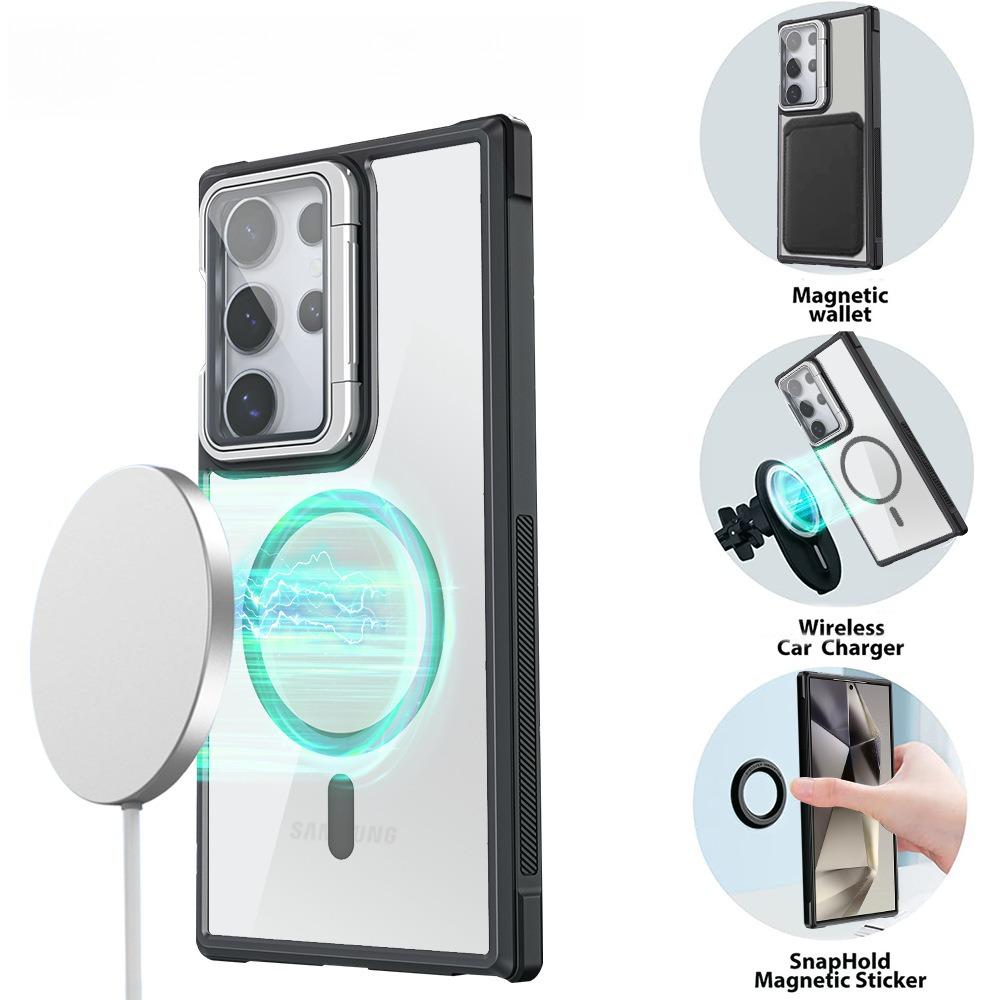 For Samsung S25Ultra S25 S24 S23 S21FE S20FE Strong Magnetic Phone Case, Glass Camera Kickstand Protection, HD Acrylic Four Corner Shockproof Bumper Hand Feel Hard Full Cover