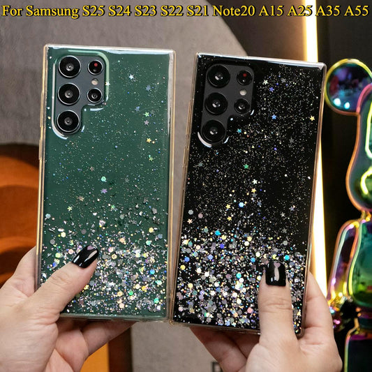 Glitter Star Sequin Basic Phone Case For Samsung S25 S24 S23 S22 S21 Note20 A15 A25 A35 A55 Clear Soft TPU Back Cover