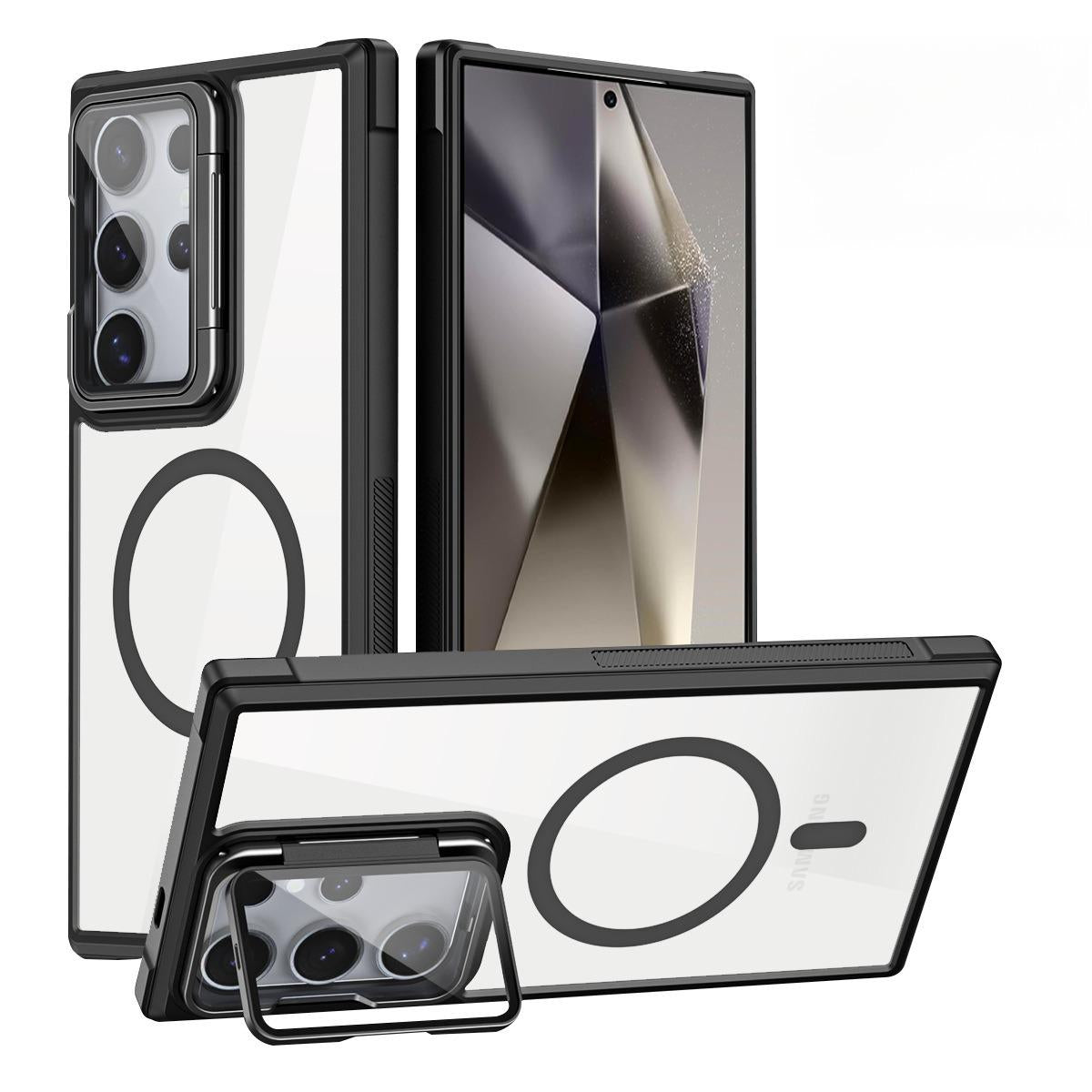For Samsung S25Ultra S25 S24 S23 S21FE S20FE Strong Magnetic Phone Case, Glass Camera Kickstand Protection, HD Acrylic Four Corner Shockproof Bumper Hand Feel Hard Full Cover