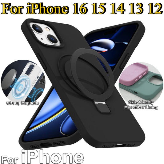 Strong Magnetic Kickstand Phone Case For iPhone 16 15 14 13 12 for MagSafe, Skin-friendly Liquid Silicone Shockproof with Microfiber Lining Full Cover