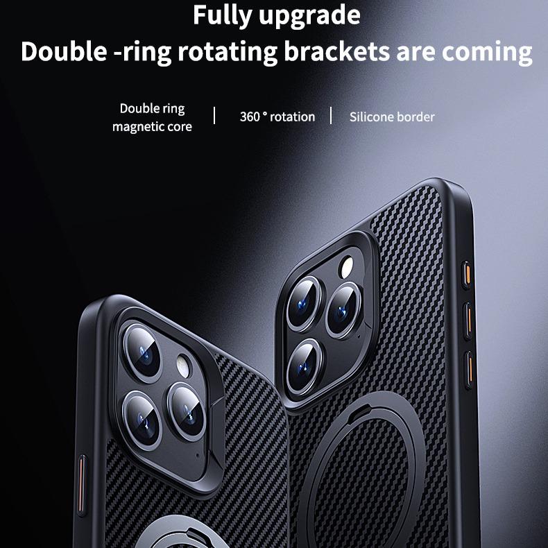 Double Ring Carbon Fiber Pattern Slim PC Strong Magnetic Phone Case with 360 Rotating Metal Kickstand For iPhone 16ProMax 15 14 13 12 Skin Feel Bumper Shockproof Hard Full Cover