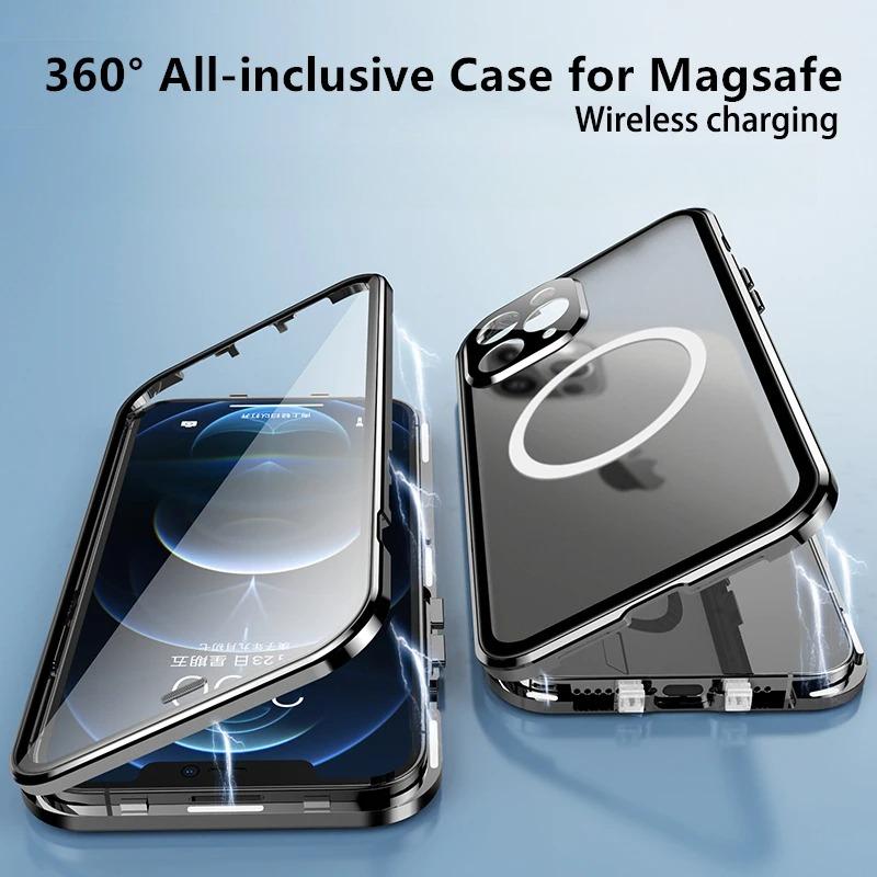Double Sided HD Glass Matte Back Cover Aluminium Alloy For Magsafe Full Cover 360 Magnetic Ring High Definition Metal Case For iPhone 16ProMax 16 15 14 13 12 Pro Max Glass Full Cover