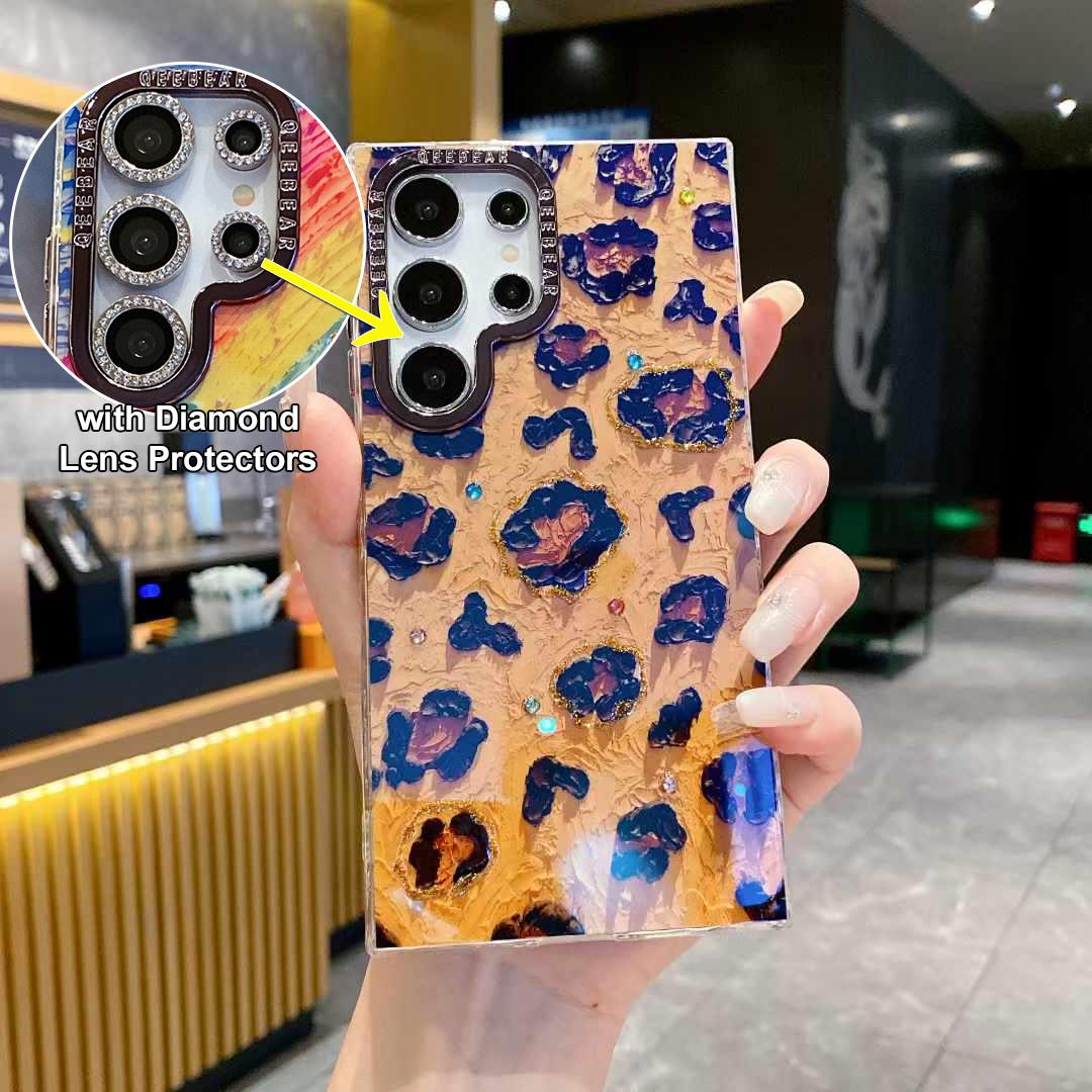 For Samsung S25 S24 S23 S22 Phone Case with Diamond Lens Protectors, Luxury Castle Panda Leopard Rainbow Butterfly Elephant Girl Oil Painting Metal Camera Frame Anti-drop Hard Shockproof Full Cover