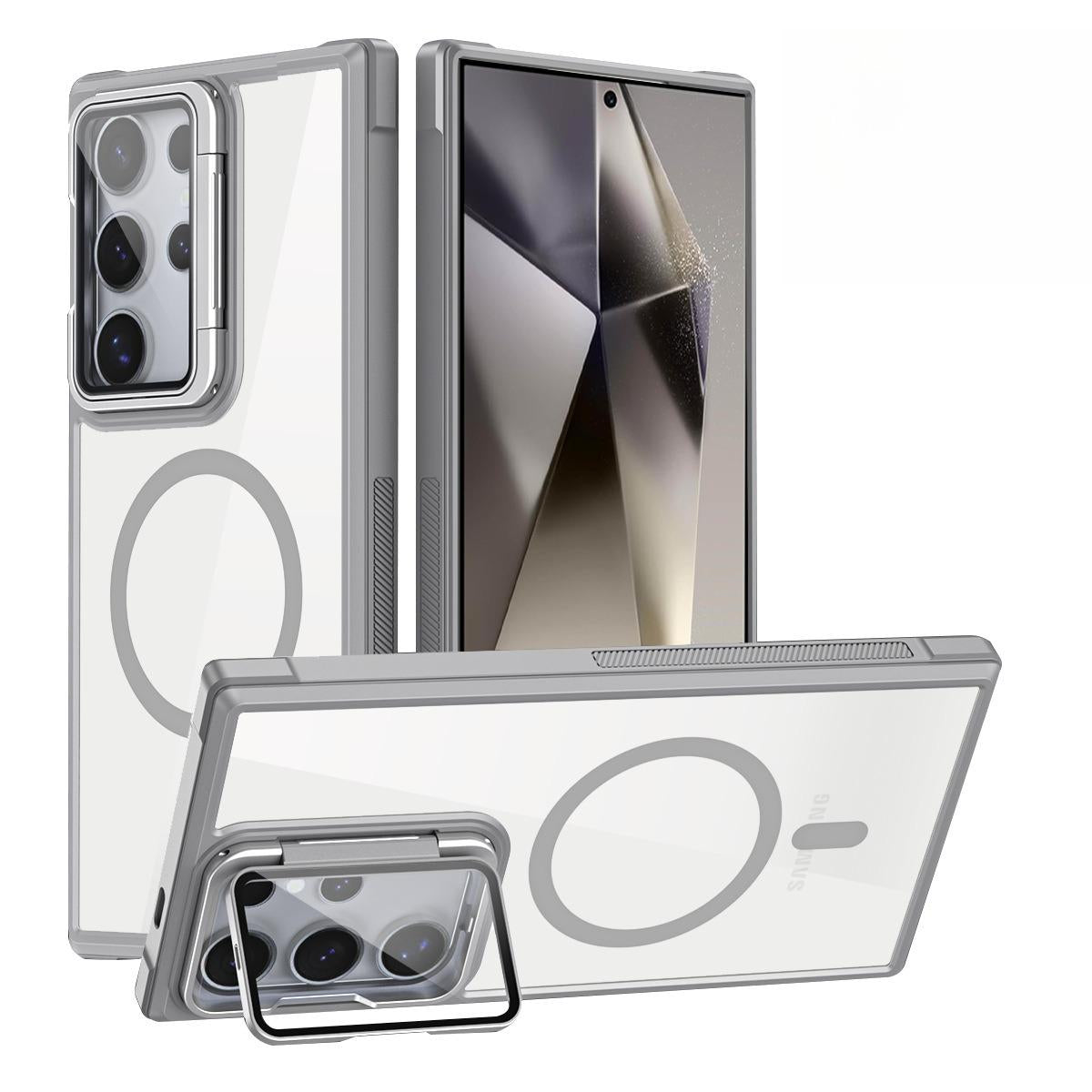 For Samsung S25Ultra S25 S24 S23 S21FE S20FE Strong Magnetic Phone Case, Glass Camera Kickstand Protection, HD Acrylic Four Corner Shockproof Bumper Hand Feel Hard Full Cover