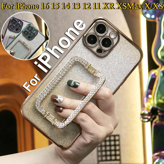 For iPhone 16 15 14 13 12 11 XR XSMax X/XS Phone Case, Rhinestone Square Kickstand, Glitter Gradient Clear Plating Luxury Elegant Case Pop Stand Shockproof Soft Cover