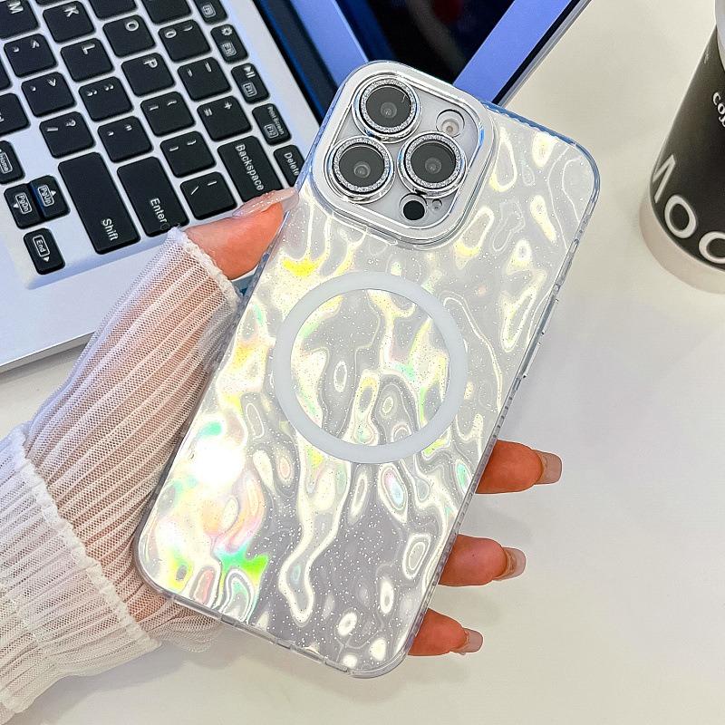 For iPhone 16ProMax 16 15 14 13 Phone Case, Electroplating Magnetic Laser Flow Silk Pattern Acrylic Slim With Glitter Len Protector, Protection Non-Yellowing Hard Cover