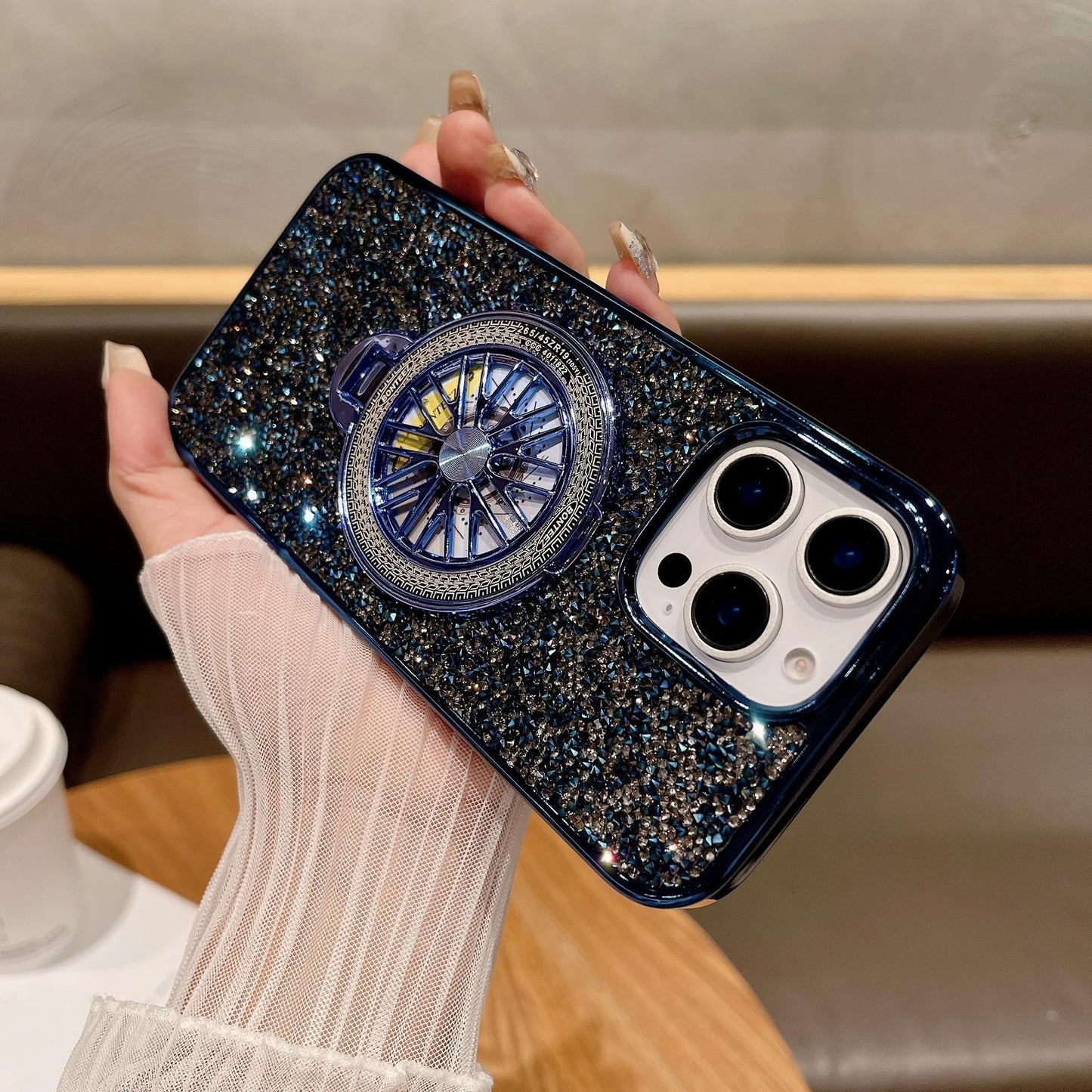 Luxury Rhinestone Glitter Plating Slim PC Phone Case with Gyro Kickstand For iPhone 16ProMax 15 14 13 Hard Full Cover