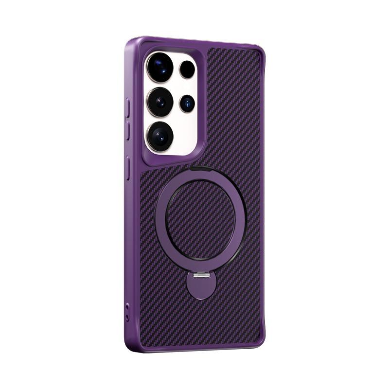 Carbon Fiber Pattern Slim PC Strong Magnetic Phone Case with 360 Rotating Metal Kickstand For Samsung S25Ultra S25Plus S25 S24 S23 A16 A26 A36 A56 Skin Feel Bumper Shockproof Hard Full Cover