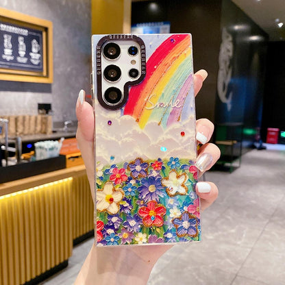 For Samsung S25 S24 S23 S22 A35 A36 A26 A54 A55 A56 Phone Case, Flower Rainbow Butterfly Rose, Oil Painting Camera Frame Anti-drop Hard Shockproof Full Cover