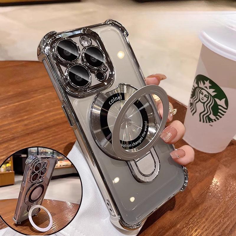 Glitter Plating Acrylic with Len Protector Phone Case with Magnetic Kickstand For iPhone 16ProMax 15 14 13 12 Four Corner Shockproof Hard Full Cover