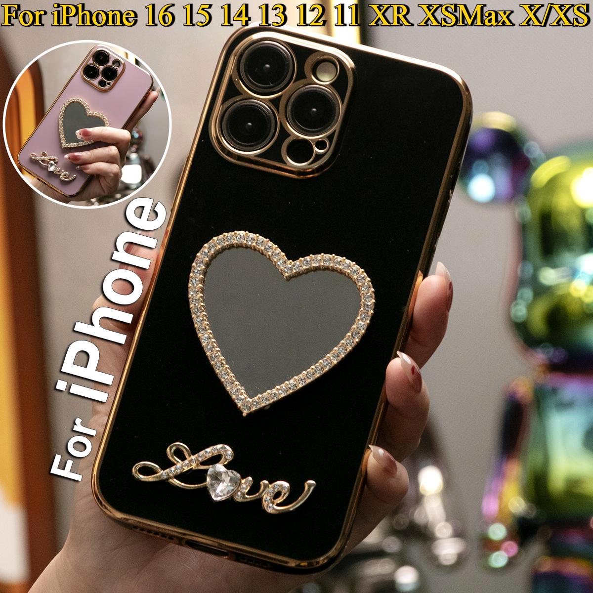 For iPhone 16 15 14 13 12 11 XR XSMax X/XS Phone Case, Love Heart Mirror, Plating Electroplate Luxury Elegant Case Camera Protector Shockproof Soft Cover