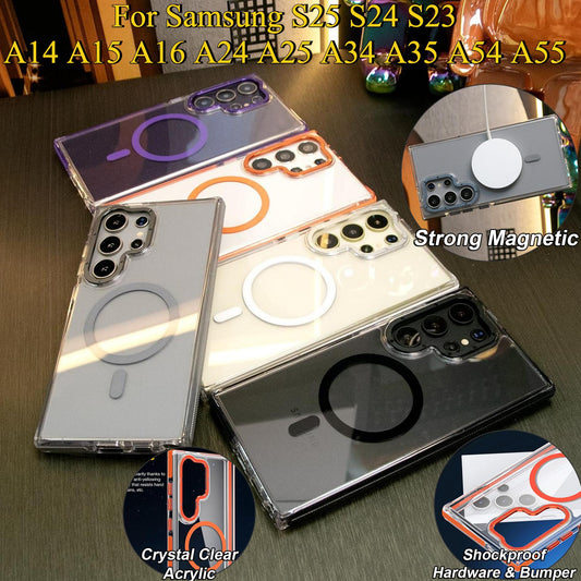 For Samsung S25Ultra S24+ S23FE A14 A15 A16 A24 A25 A34 A35 A54 A55, Clear Dual Color Strong Magnetic Wireless Charging Case Clear Shockproof Metal Camera Frame Bumper TPU Acrylic Hard Cover