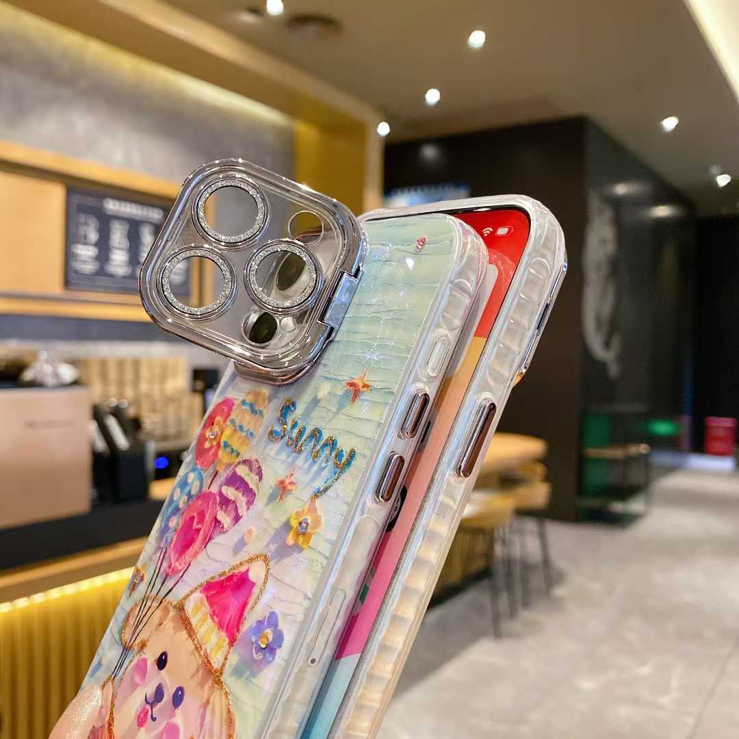 For iPhone 16ProMax 16 15 14 13 12 11 Phone Case with Diamond Camera Kickstand, Smiling Face Rainbow Rabbit Deer, Luxury Oil Painting Camera Frame Anti-drop Hard Shockproof Full Cover