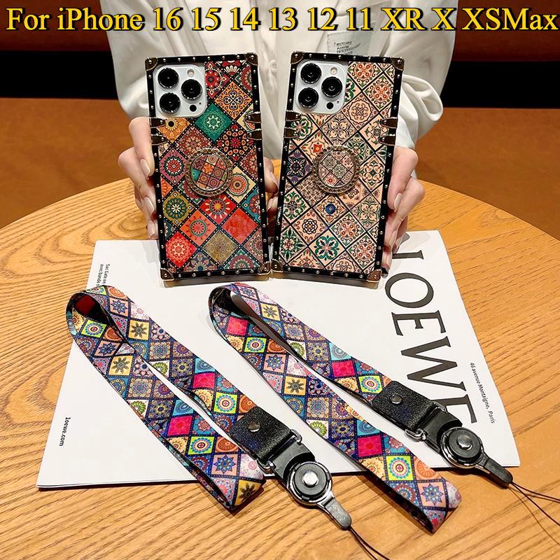 Luxury Glitter Vintage Flower Phone Case For iPhone 16 15 14 13 12 Pro Max XR X XSMax Fashion Geometric Square Case Back Cover