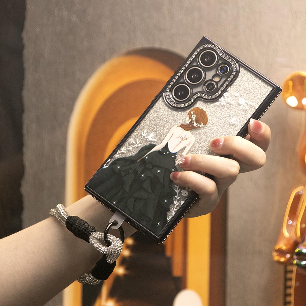 For Samsung S25Ultra S25 S24 S23 S22 Case with Woven Diamond Wristband, Gradient Rhinestone Goddess Glitter Luxury Elegant Plating Case Camera Protection Shockproof Hard Cover