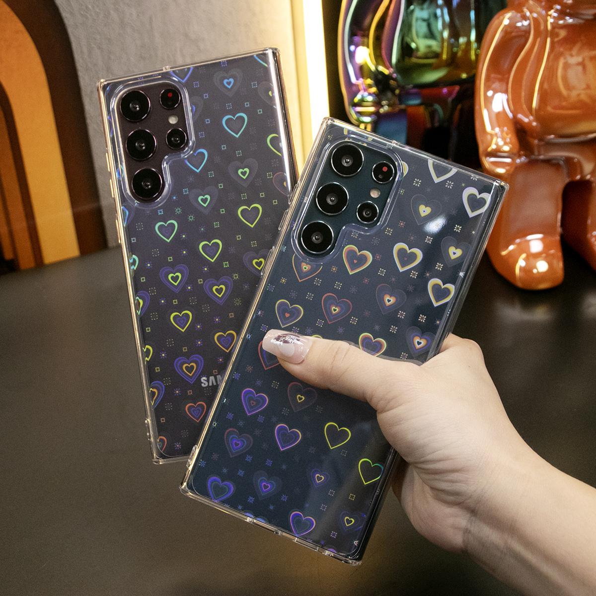For Samsung S25Ultra S25 S24FE S24Ultra S23 S22 A55 A35 A25 A15 Plus Ultra Phone Case, Clear Laser Love Heart, Glitter Shockproof Hard Full Cover