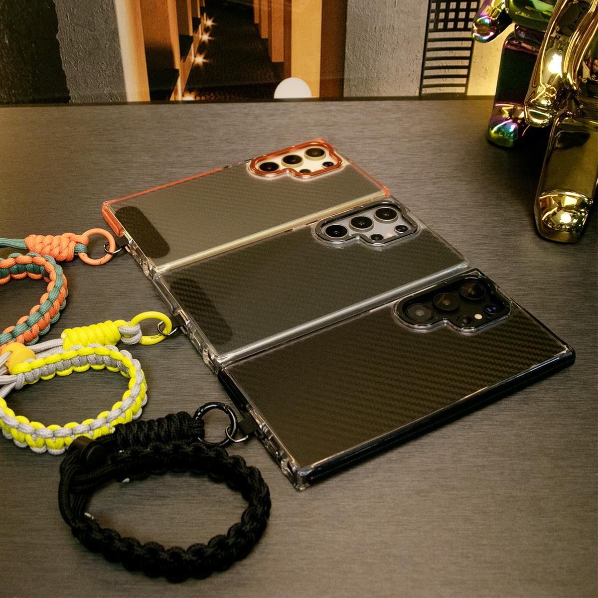 Two-tone Carbon Fiber Pattern Phone Case, Metal Hardware Camera Protective Acrylic Cover, With Adjustable Woven Strap, Shockproof Anti-Fall Bumper For iPhone 16 15 14 13 12 11