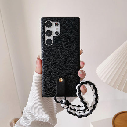 Luxury Wrist Strap Soft Leather Phone Case For Samsung S25 S24 S23 S22 S21 A15 A25 A35 A55 Solid Color Cover