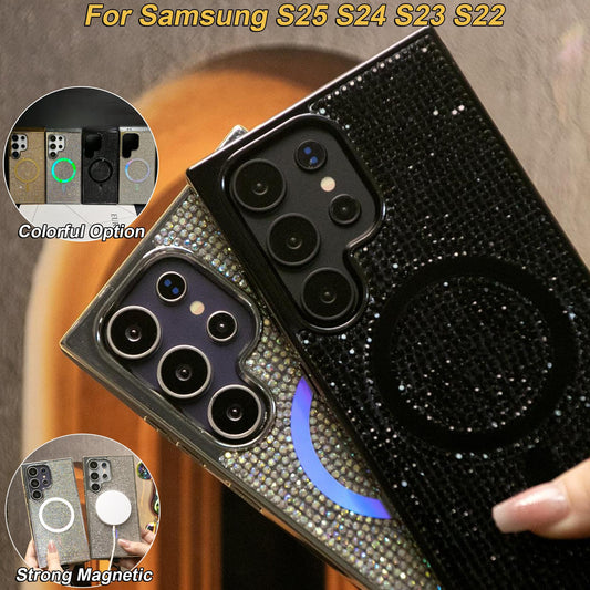 Luxury Glitter Rhinestone Plating Diamonds Magnetic Wireless Charging Phone Case For Samsung S25 S24 S23 Shockproof Protection Soft Bumper Cover