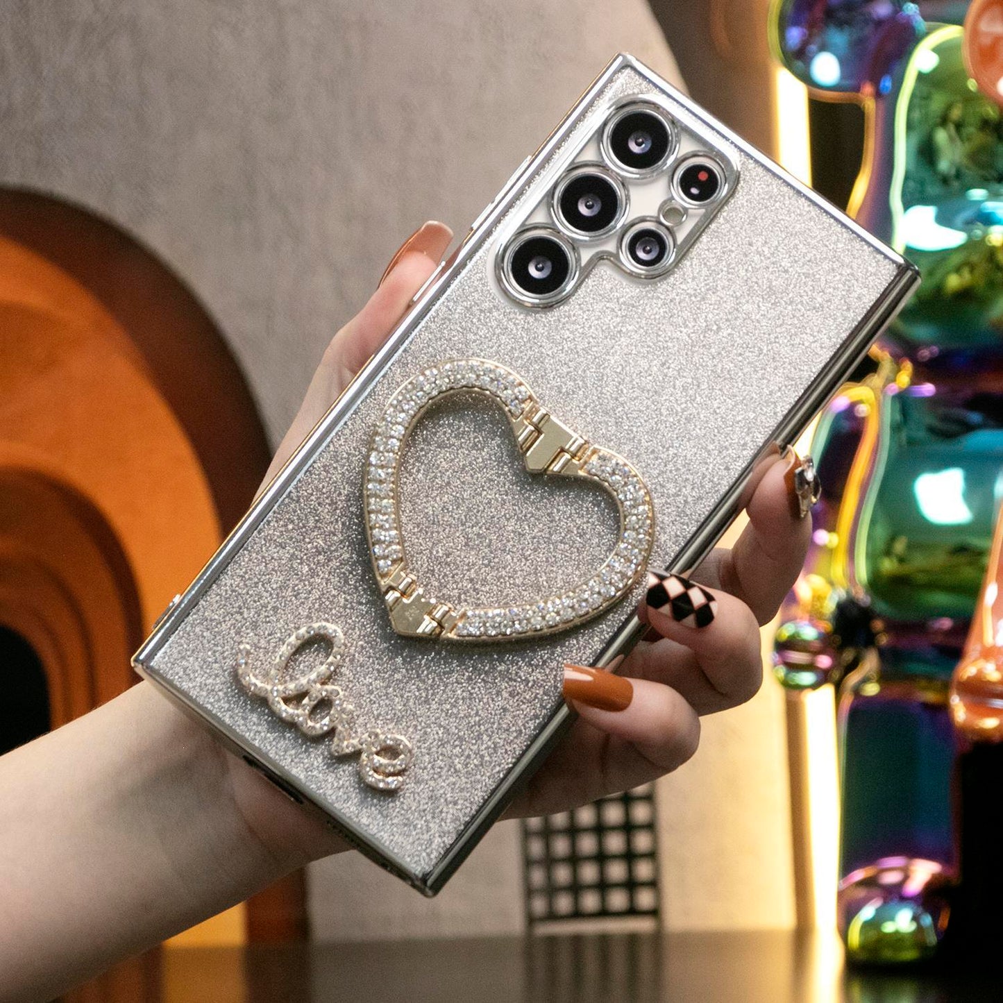 Luxury Diamond Glitter Crystal Love Heart Holder Bracket Glitter Clear Gradient TPU Plating Shockproof Soft Phone Case For Samsung S25 S24 S23 S22 S21 Note20