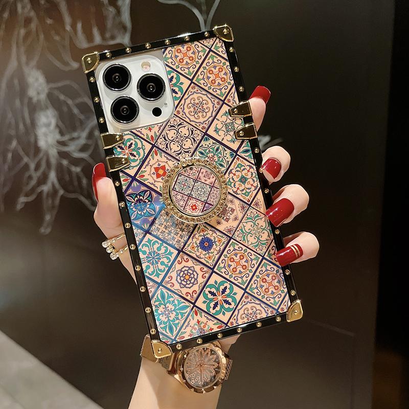 Luxury Glitter Vintage Flower Case for iPhone 16ProMax 16 15 14 13 12 11 Plus Pro Max Fashion Geometric Square Case Back Cover