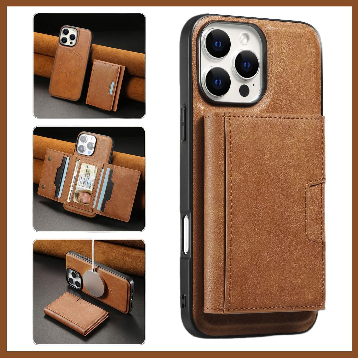 For iPhone 16ProMax 16 15 14 13 12 Leather Phone Case with Strong Magnetic Triple Fold Wallet, Anti-Fall Card Bag Kickstand for Magsafe Shockproof Business Hard Full Cover