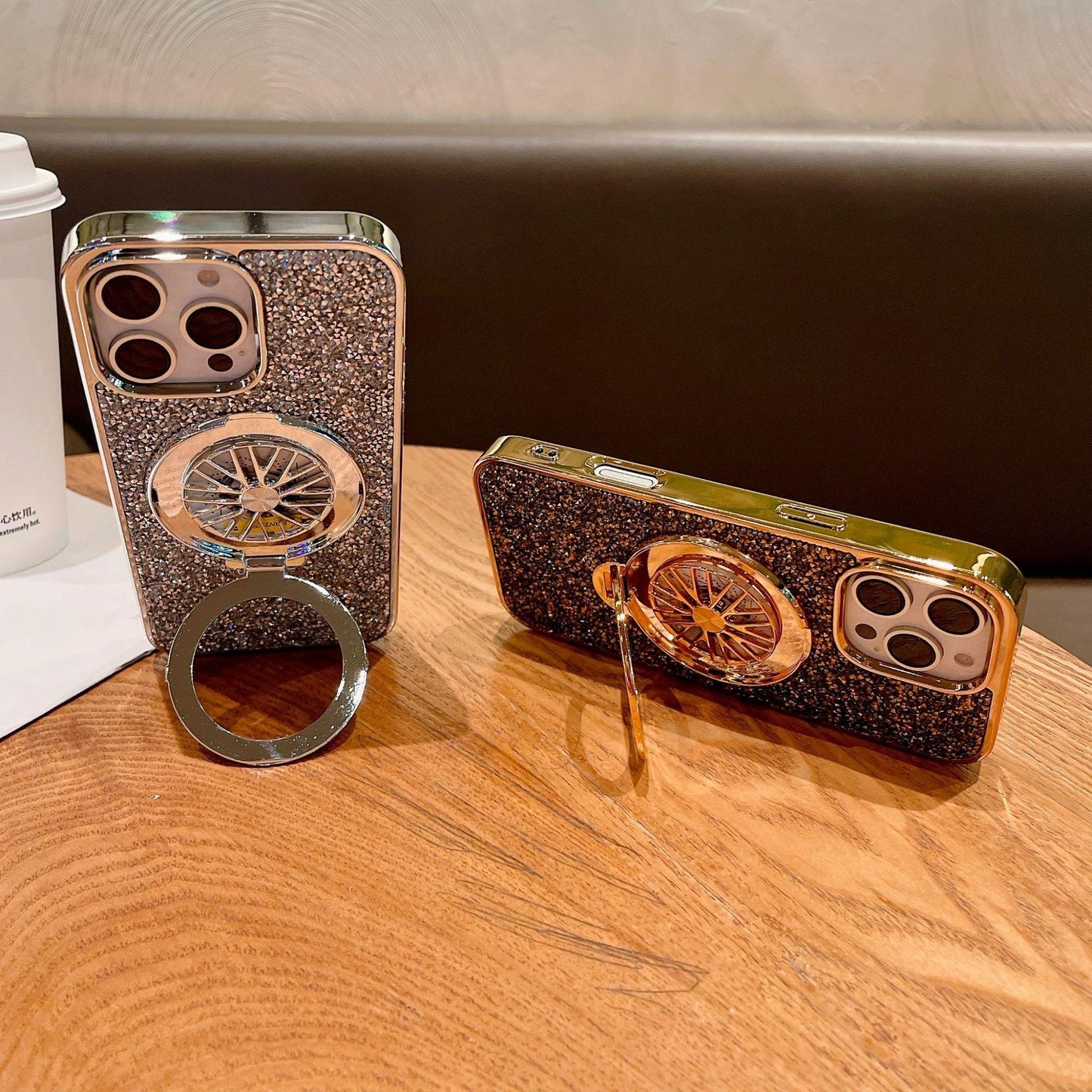 Luxury Rhinestone Glitter Plating Slim PC Phone Case with Gyro Kickstand For iPhone 16ProMax 15 14 13 Hard Full Cover