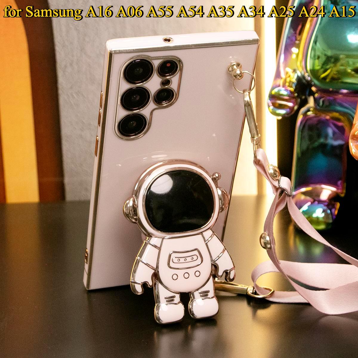 Astronaut Holder Crossbody Lanyard Phone Case for Samsung A16 A06 A55 A54 A35 A34 A25 A24 A15 Soft TPU Back Cover