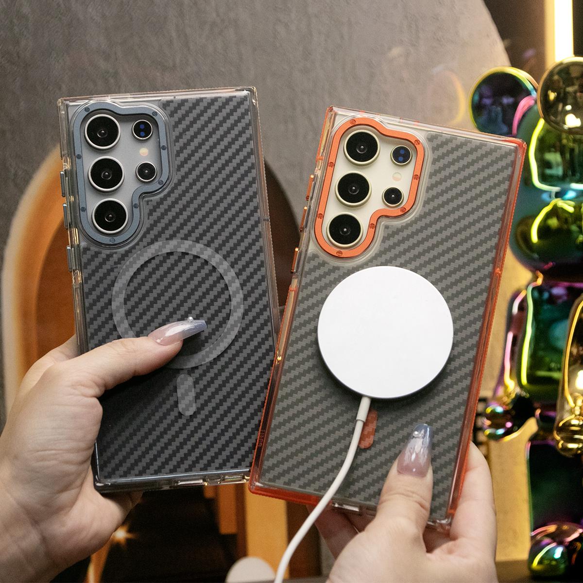 Strong Magnetic Carbon Fiber Phone Case, Metal Hardware Camera Protective Acrylic, Shockproof Anti-Fall Bumper For Samsung S25Ultra S25 S24 S23 S21FE A14 A15 A24 A25 A35 A54 A55 A05