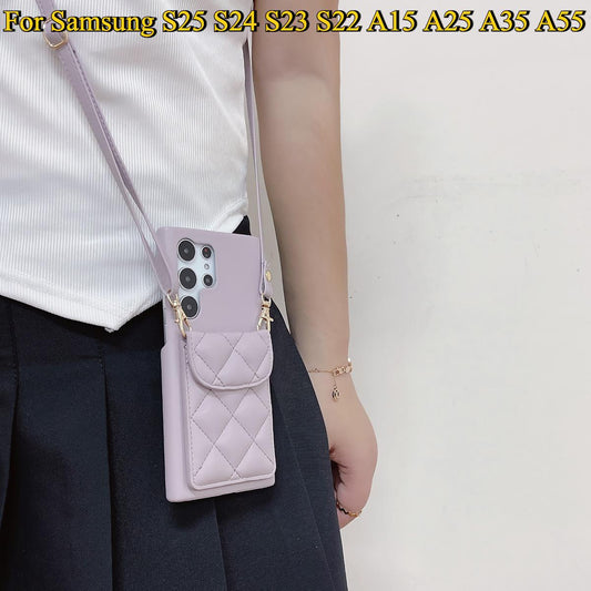 Crossbody Wallet Case For Samsung S25 S24 S23 S22 A15 A25 A35 A55 Rhombic UP Down Leather Shoulder Chain Side Buckle Cover