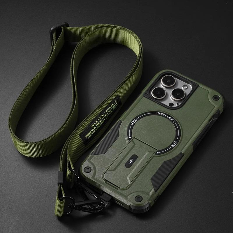 Anti-Dust Anti-Fall Heavy Duty Protection Shockproof Magnetic Phone Case Kickstand With Long Wristband for iPhone 16ProMax 16 15 14 13 12 11 Lanyard Bumper Matte Hard Cover