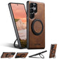 For Samsung S25 S24 S23 S22 Ultra Plus Phone Case, Smooth Surface Oil Wax Pattern Leather Metal Kickstand Shockproof Support Wireless Charging Hard Phone Case
