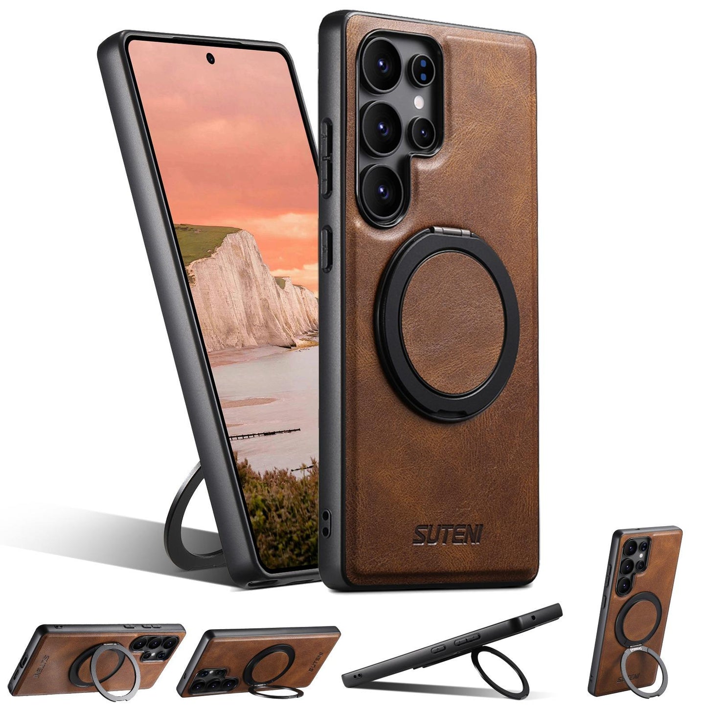 For Samsung S25 S24 S23 S22 Ultra Plus Phone Case, Smooth Surface Oil Wax Pattern Leather Metal Kickstand Shockproof Support Wireless Charging Hard Phone Case